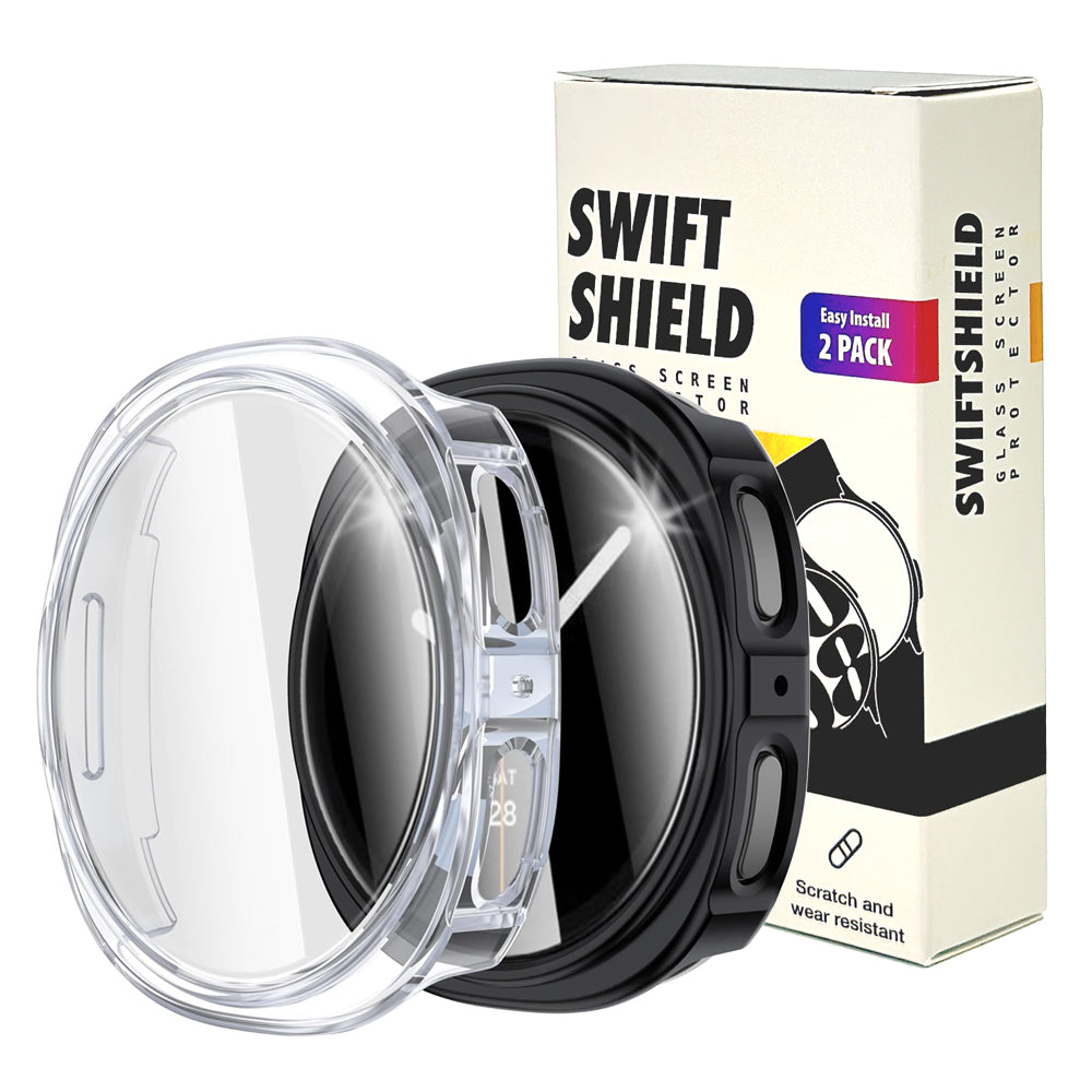 Samsung Galaxy Watch 9 44mm Case with Glass Screen Protector by SwiftShield (2 Pack - Black + Clear)