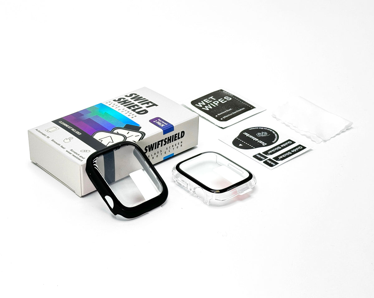 Apple Watch SE Series 2 44mm Case with Glass Screen Protector by SwiftShield (2 Pack - Black + Clear)